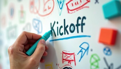Hand writes kickoff on whiteboard with colorful doodles and icons. Business planning, teamwork, and strategy session. Creative brainstorming and project development.