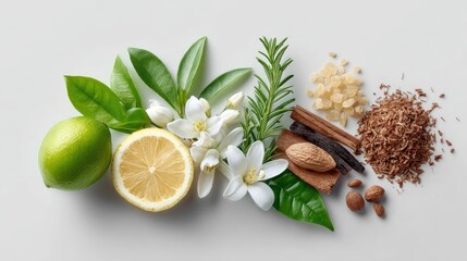 Fragrant ingredients arranged on light surface