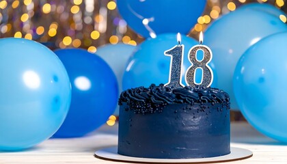 Birthday cake with blue balloons and candles