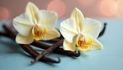 Fototapeta premium Two vanilla flowers, vanilla beans on light blue surface, offering delicate aroma for culinary arts. Still life composition highlights natural, organic ingredients used in baking, desserts, flavoring.