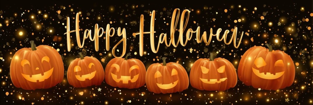 a festive "Happy Halloween" banner featuring smiling pumpkins with glowing faces, set against an elegant gold background with twinkling lights for halloween party Generative AI