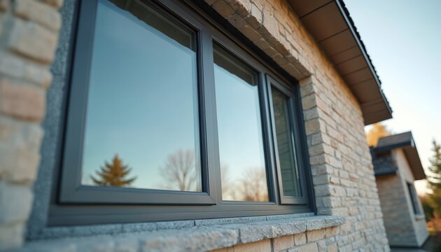 Modern grey PVC windows installed on brick house exterior. Energy-efficient design with insulation, waterproofing features. Improves home comfort, reduces energy costs. Quality construction upgrade.