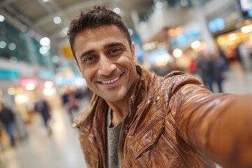 Man smiles while taking selfie in busy airport terminal during daytime, capturing travel excitement and vibrant atmosphere