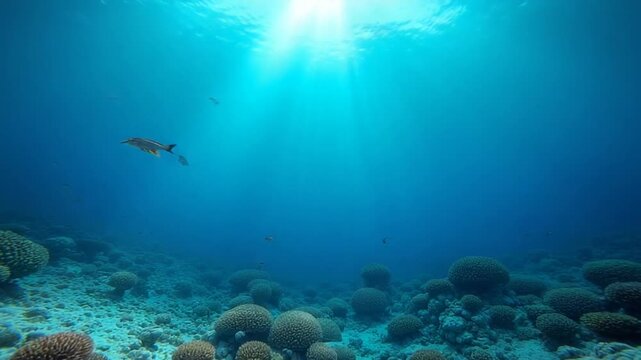 Ocean scenery underwater with corals on deep in
