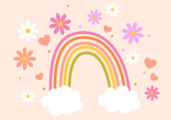 Vector colorful rainbow with white clouds and flowers. Rainbow cartoon, childlike drawing. Vector in flat style, heart and flower in blossom