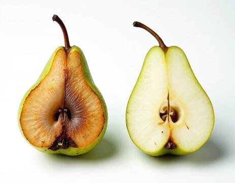Two pear halves displayed side-by-side one fresh green with visible seeds, the other oxidized with brown discoloration. This visual comparison highlights fruit aging, spoilage, and freshness.
