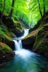 Serene cascading waterfall flowing into a tranquil creek, surrounded by lush green foliage and mossy rocks Perfect for nature, travel, and relaxation themes , nature, idyllic