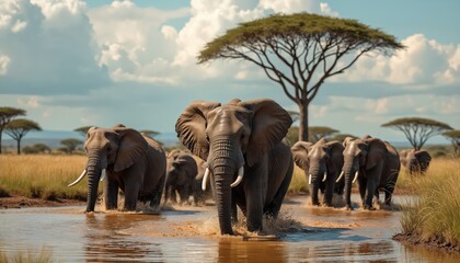 Elephants walk through muddy waterhole in African savannah. Herd gathers near acacia trees under blue sky with clouds. Majestic animals playing in water, experiencing natural habitat.