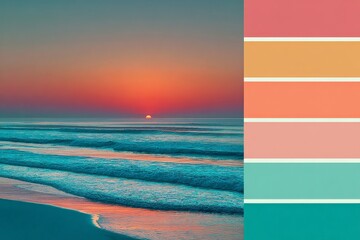 Sunset over calm ocean waves with soft pastel colors and serene beach atmosphere in the early evening