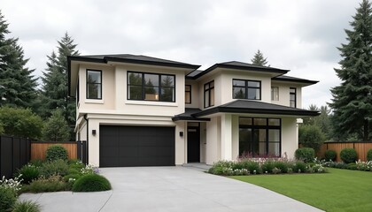 Stunning modern suburban house featuring spacious driveway, immaculate landscaping. This two-story residence offers perfect family dwelling with excellent property value, neighborhood convenience.