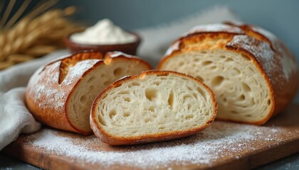 Artisan sourdough bread fluffy white interior, golden crust, dusted with flour. Sliced loaf rests on wooden board alongside wheat stalks, bowl of flour, evoking rustic kitchen charm, wholesome