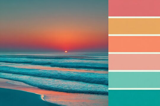 Sunset over calm ocean waves with soft pastel colors and serene beach atmosphere in the early evening