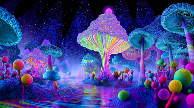 Surreal landscape features vivid, oversized mushrooms glowing in vibrant colors. Ethereal setting surrounded by mystical trees in a dreamlike atmosphere