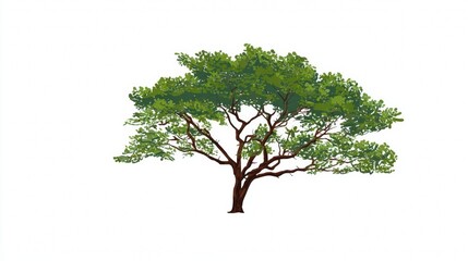 Single isolated tall oak tree with lush green foliage against a white background