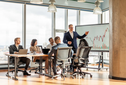A group of people is sitting around a table in a modern office, listening to a presentation on a large screen. The screen displays a financial chart. The presenter is standing, pointing to the chart