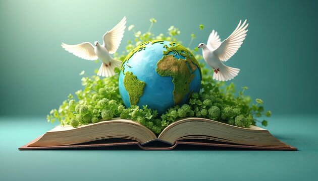Open book with Earth globe surrounded by green foliage and white doves. Symbolizes education, learning, and global peace. International Literacy Day concept with reading, study, and teaching elements.