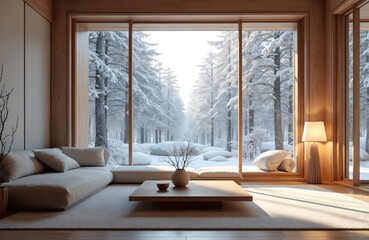 Japanese style living room interior offers serene winter forest views through large windows. Natural wood accents and minimalist furniture create a cozy, relaxing atmosphere.