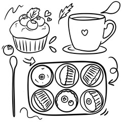 Doodle style muffins set, hand drawn cupcakes collection, cute bakery desserts illustration