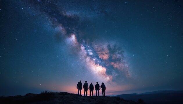 Group of hikers stand on a hill beneath a starry sky. Silhouetted figures gaze at the vast universe and milky way galaxy. Adventure, night, nature, and exploration themes are prominent.