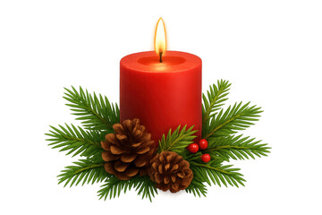 Burning red christmas candle with pine cones and holly berries on transparent background