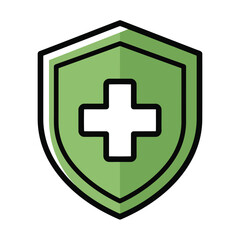 Obraz premium Green shield with a white medical cross, symbolizing health protection and safety in healthcare.