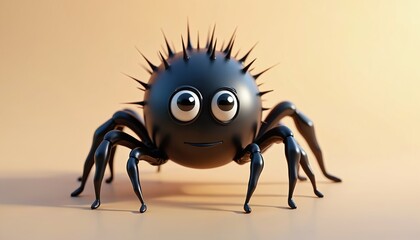 Cute 3D black spider character with spiky body, big googly eyes. Funny cartoon insect friendly smile, stands on multiple legs against soft tan background. Ideal for children books, educational