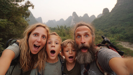 Fototapeta premium Aventura familiar y asombro ante la majestuosidad natural.Familia tomándose un selfie con caras de sorpresa frente a una cascada en la naturaleza. 