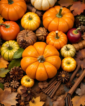 Seasonal Autumn Still Life of Pumpkins, Apples, and Spices for Fall Recipes