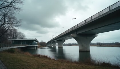 Fototapeta premium Modern concrete bridge spans wide river under overcast sky. Architectural structure facilitates road, transport connections. Building on left bank, bare trees, grassy embankment. Scenic urban