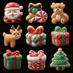 Obraz premium Colorful holiday-themed decorations featuring Santa, reindeer, gifts, and candy on a dark background