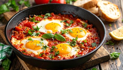 A close-up captures a skillet of Shakshuka, with vibrant red sauce and four perfectly poached eggs. Garnished with fresh herbs, bread slices rest on the side, alongside a lemon wedge. 
