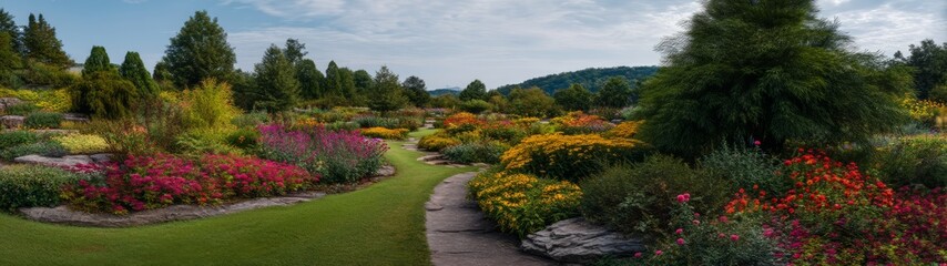 Exploring vibrant flower gardens nature park panoramic landscape lush environment serene viewpoint