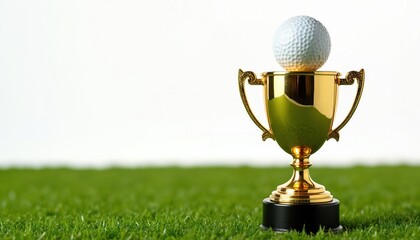 A gold trophy with a golf ball on top rests on green grass, symbolizing golf achievement and victory. This award represents competition, skill, and the pursuit of excellence in sports and tournaments.