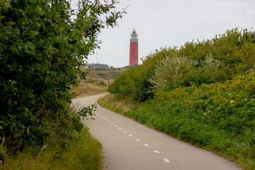 Typical landscape of Island in north sea under blue sky, Bicycle lane, walkway through the dune...