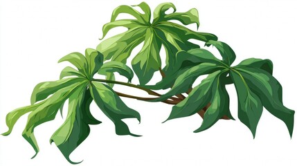 A vibrant green branch with fresh leaves and blossoms is isolated on a white background, highlighting its natural beauty