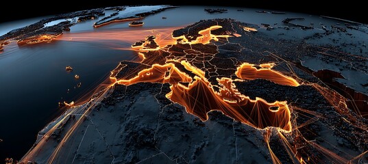 Europe africa middle east illuminated city lights night view earth map global connectivity network