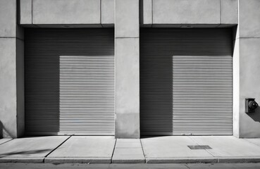 Monochrome image features two closed metal roller doors on building exterior. Strong geometric lines from sunlight, shadow create visual interest on grey steel surfaces. Concrete sidewalk runs in