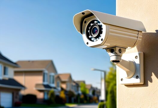 Outdoor security camera mounted on a beige wall, overlooking a residential neighborhood.