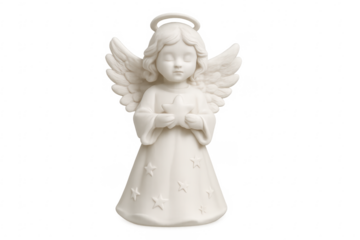 White porcelain angel holding a star with transparent background