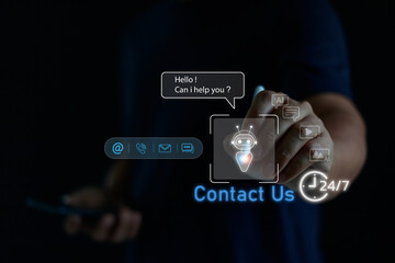 AI chatbot virtual assistant interface with Contact Us icon and 24/7 service concept, representing customer support automation, online helpdesk and smart business communication technology.