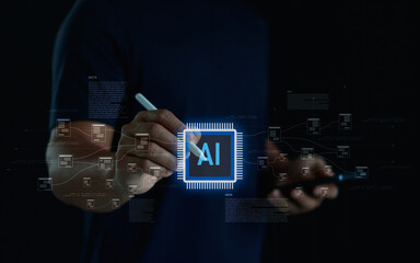 Futuristic concept of artificial intelligence and big data analytics with AI chip, digital network and data processing technology for innovation, business and machine learning.