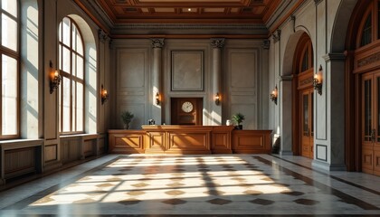 Vintage bank lobby interior boasts polished wooden reception counter, marble walls, complemented by classic clock, ornate lighting fixtures. Large arched windows flood space with natural light,