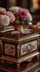 Exquisite ornate jewelry box adorned with floral decorations and gold accent in elegant setting