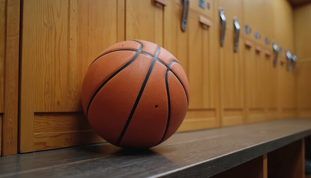 Basketball rests on wooden bench inside locker room, creating sense of quiet anticipation before game training session. Warm wood tones contrast with dark floor, sports equipment, empty space.