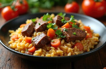 Fototapeta premium Side view of pilaf with tender stewed beef meat, bright carrots on plate. Savory rice dish, garnished with fresh parsley, offers hearty, flavorful meal. Perfect for food blogs, recipe sites,