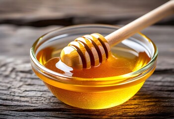 A clear glass bowl filled with golden, viscous honey, with a wooden honey dipper resting inside, all set on a rustic wooden surface.