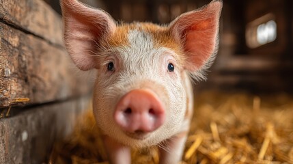 Curious piglet exploring the barn surrounded by straw in a rustic farm setting during daylight
