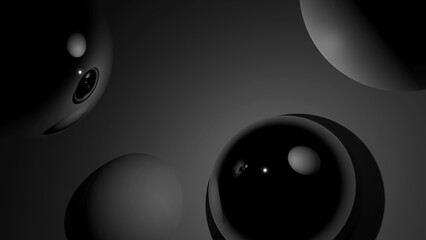 Abstract glossy monochrome 3D spheres in horizontal futuristic background