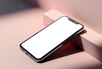 A modern smartphone with a blank screen, resting on a light pink surface, showcasing a minimalist design.