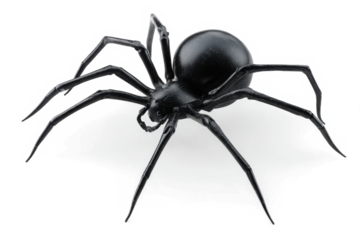 Fake rubber spider toy isolated over a white background. black spider toy isolated on a transparent background. Comic horror for Halloween.
